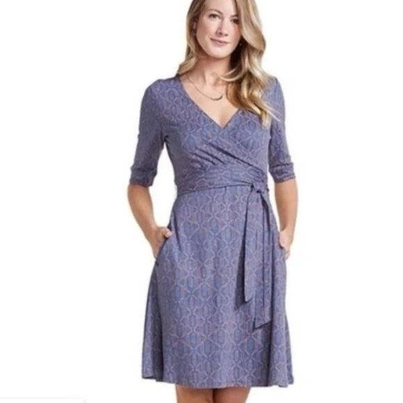 Toad & Co Medium Long Sleeved Faux Wrap Cafe Dress Blue Orange Organic - Picture 9 of 9